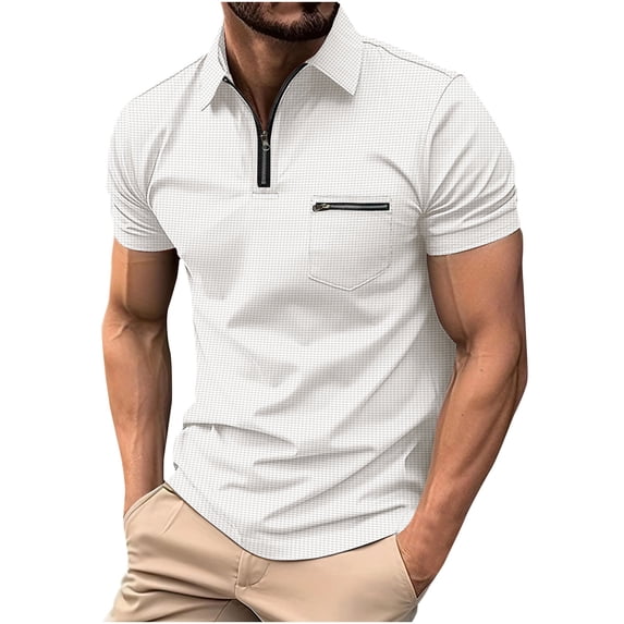 Timegard Shirts for Men Lapel V Neck Zipper Shorts Sleeve Work Office Tee Shirts Golf Tennis Active Tops