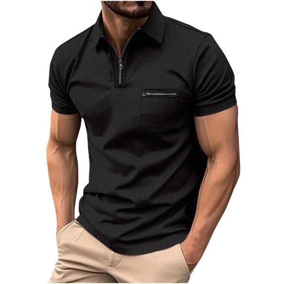 Timegard Shirts for Men Lapel V Neck Zipper Shorts Sleeve Work Office Tee Shirts Golf Tennis Active Tops