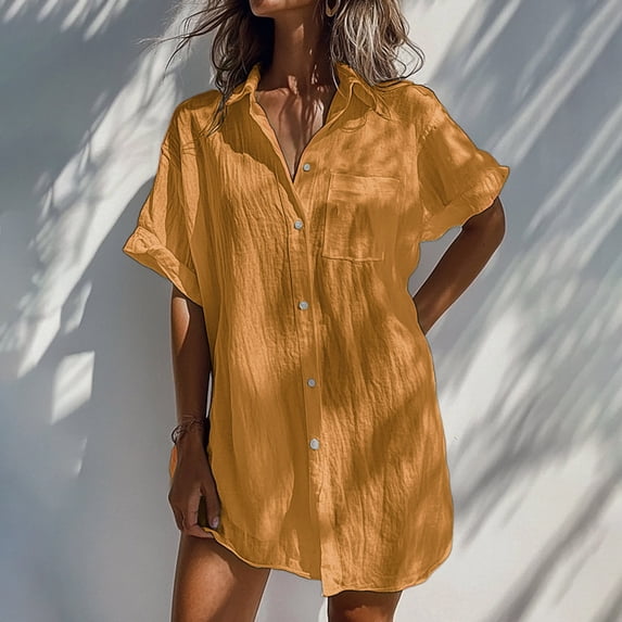 Timegard Shirts for Women Button down Mid Length Short Sleeve Lightweight Tunic Tops Casual Lapel Neck Shirts