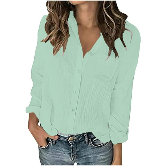 Timegard Shirts for Women Drop Shoulder Lapel V Neck Button up Blouse Comfy Casual Solid Color Tee Tops