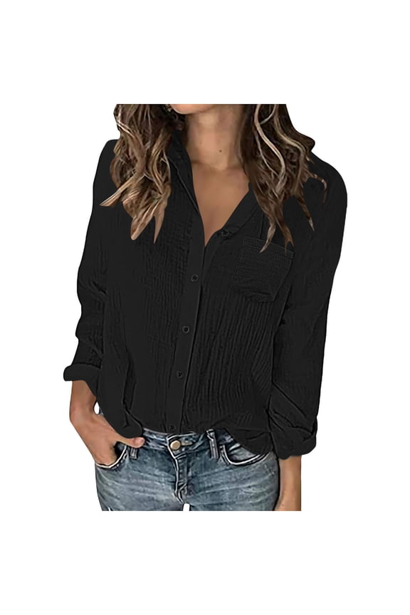 Shirts for Women Drop Shoulder Lapel V Neck Button up Blouse Comfy Casual Solid Color Tee Tops