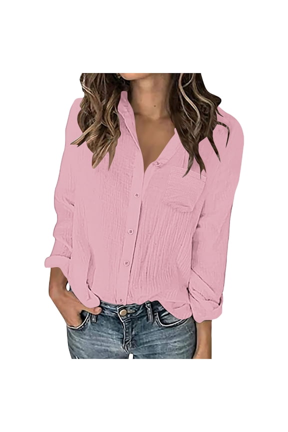 Shirts for Women Drop Shoulder Lapel V Neck Button up Blouse Comfy Casual Solid Color Tee Tops