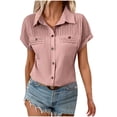 thumbnail image 1 of Timegard Shirts for Women Lapel V Neck Pleated Button up Blouse Solid Color Casual Work Shirts Top, 1 of 7