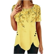 Timegard Shirts for Women Plus Size Fashion Printed Loose T-shirt Buttons Short Sleeves Blouse Round-Neck Casual