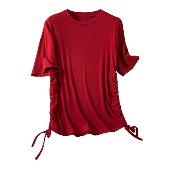 Timegard Shirts for Women Short Sleeve Crew Neck Ribbed Side Drawstring Loungewear Comfy Pajamas Top