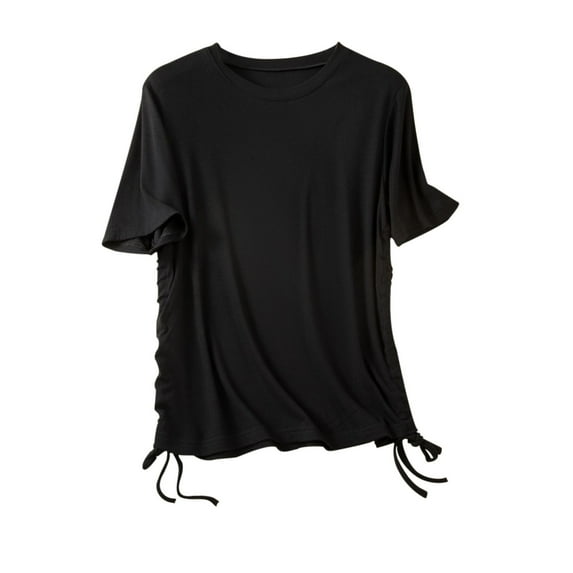 Timegard Shirts for Women Short Sleeve Crew Neck Ribbed Side Drawstring Loungewear Comfy Pajamas Top