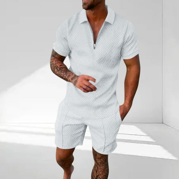 Timegard Short Sets for Men 2 Piece Lapel V Neck Zipper Shirts Shorts Casual Solid Color Outfits Summer Fashion