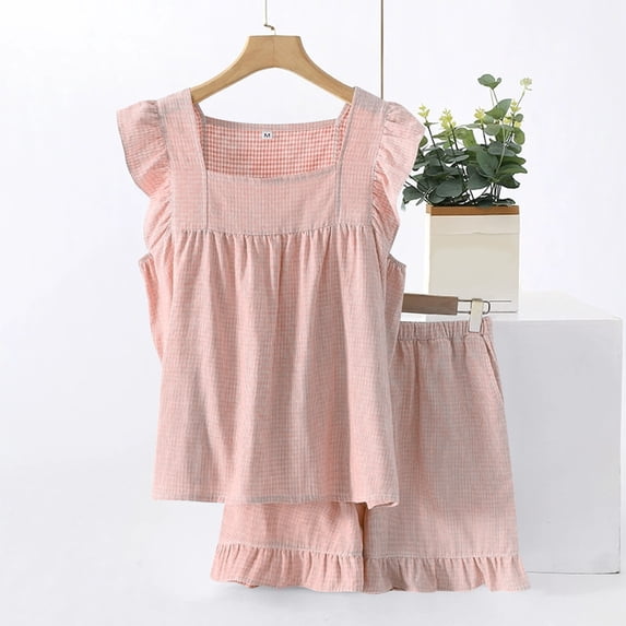 Timegard Short Sets for Women 2 Piece Ruffle Sleeve Tank Tops Shorts Pajamas Outfits Summer Loose Homewear