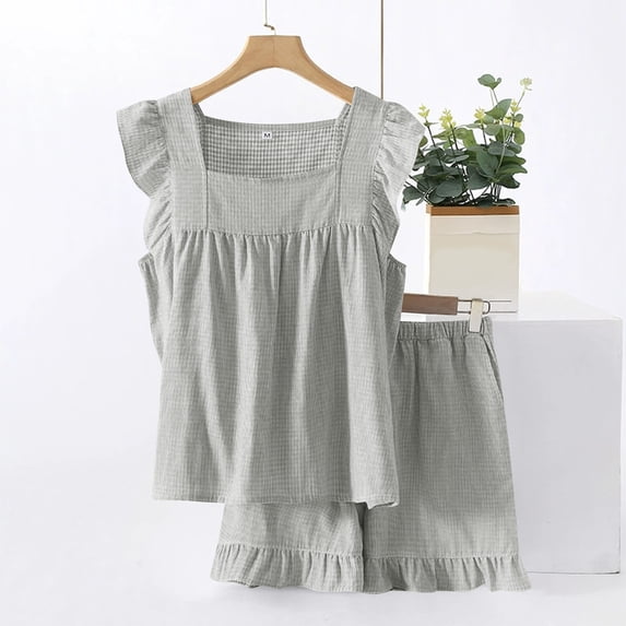 Timegard Short Sets for Women 2 Piece Ruffle Sleeve Tank Tops Shorts Pajamas Outfits Summer Loose Homewear