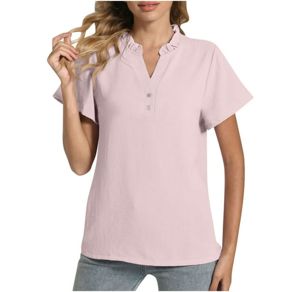 Timegard Short Sleeve Shirts for Women Notch V Neck Ruched Trendy Tee Tops Summer Loose Casual Tshirts