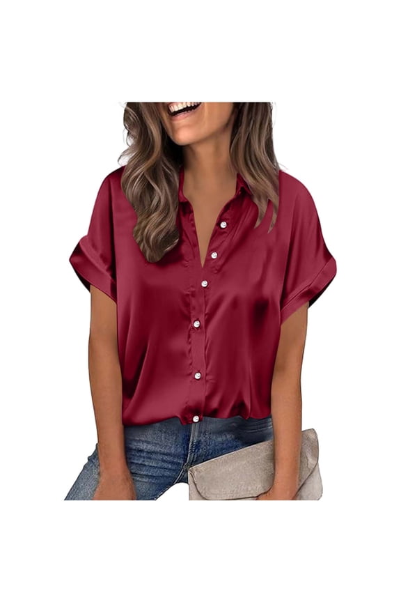 Short Sleeve Shirts for Women Satin Summer Button down Collared Shirts Business Casual Tops