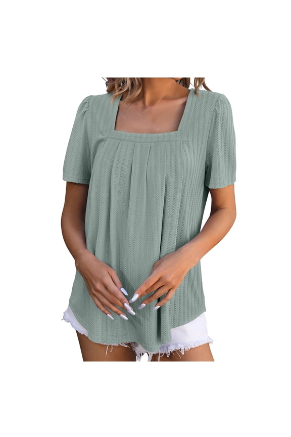 Short Sleeve Tops for Women Square Neck Ruched Lightweight Summer Dressy Casual Loose Shirt Top