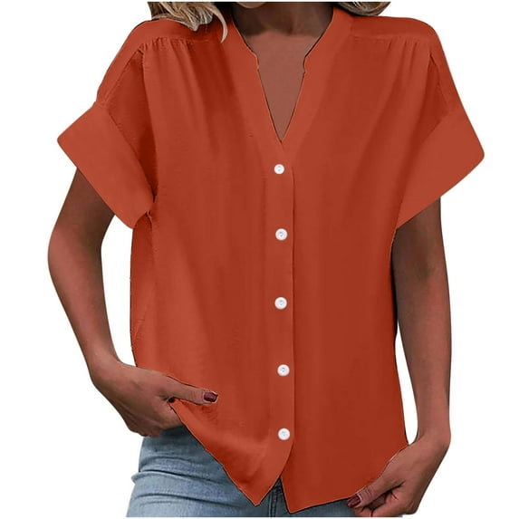 Timegard Short Sleeve Tops for Women Summer V-Neck Button down Shirts Solid Color Office Casual Loose Tops