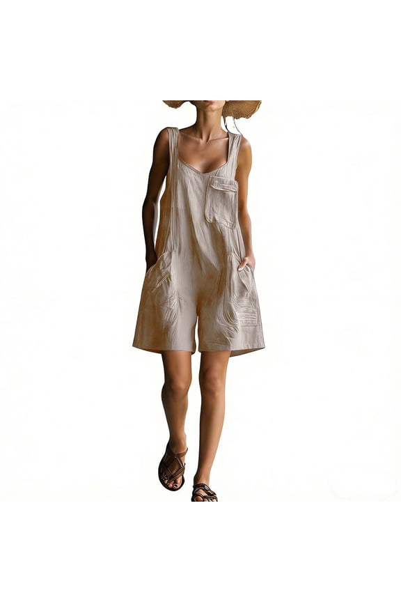 Jumpsuits for Women Summer Square V Neck Sleeveless Loose Cargo Overalls Short Rompers with Pockets,Beige,XL
