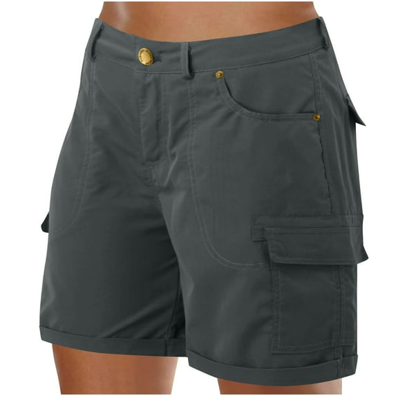 Timegard Shorts for Women Cargo Straight Leg Button Fitting Outdoor Active Solid Color Shorts Pockets
