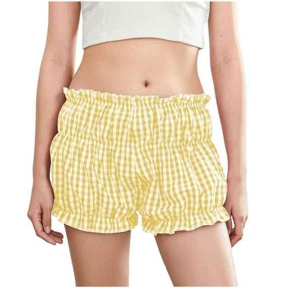 Timegard Shorts for Women Plaid Ruffle Elastic Waist Casual Comfy Fitting Shorts Summer Fashion