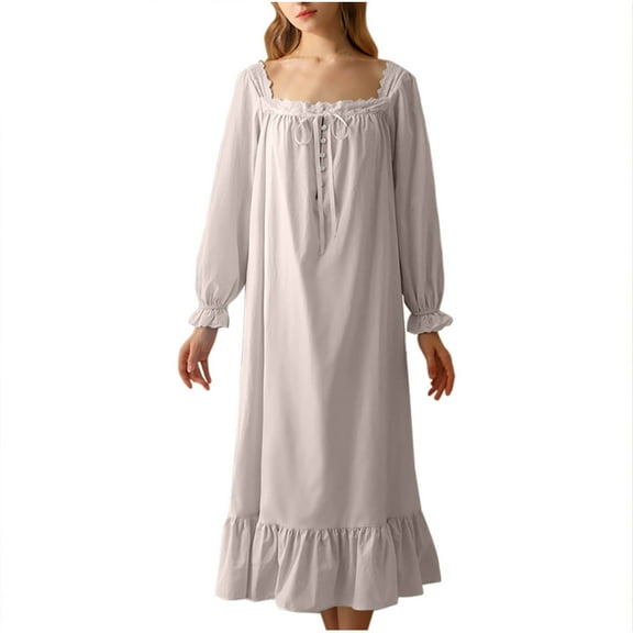 Timegard Sleep Dress for Women Lace Square Neck Ruffle Long Sleeve Button Casual Loose Comfy Pjs Dress