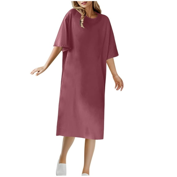 Timegard Sleep Dress for Women Summer Round Neck Short Sleeve Comfy Loose Solid Color Casual Homewear