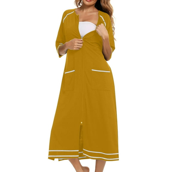 Timegard Sleep Dress for Women Zipper Long House Dress Short Sleeve Loose Side Split Lounge Pajamas