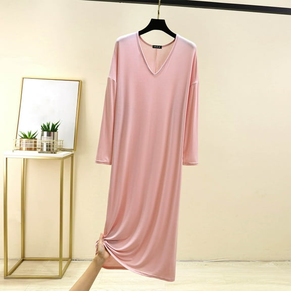 Timegard Sleep Dresses for Women V Neck Long Sleeve Loose Soft Comfy Dresses Casual Solid Color Homewear