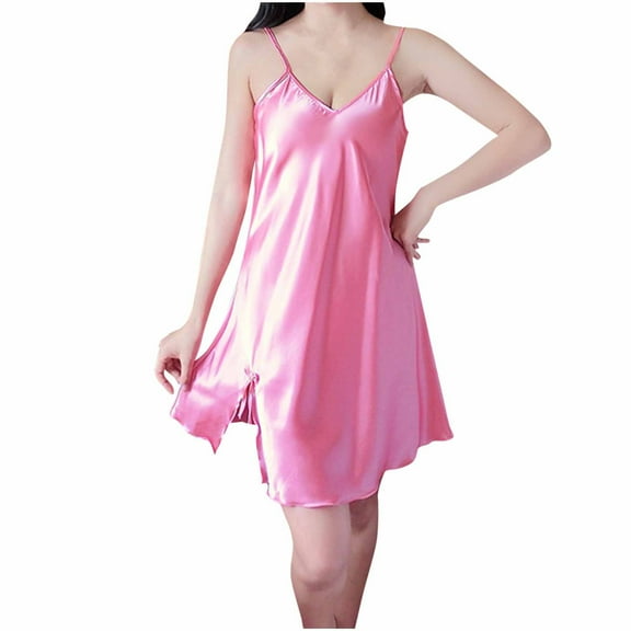 Timegard Sleepwear for Women V Neck Spaghetti Strap Side Split Comfy Thin Camis Dress Nightgown Solid Color