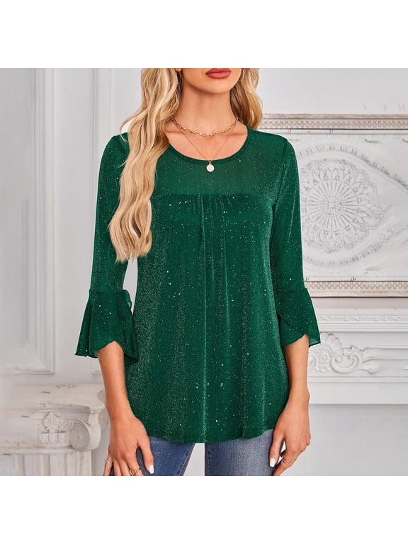 Sparkly Tops for Women Round Neck Ruffle Below Elbow Sleeve Ruched Tunic Tops Dressy Casual Club Party