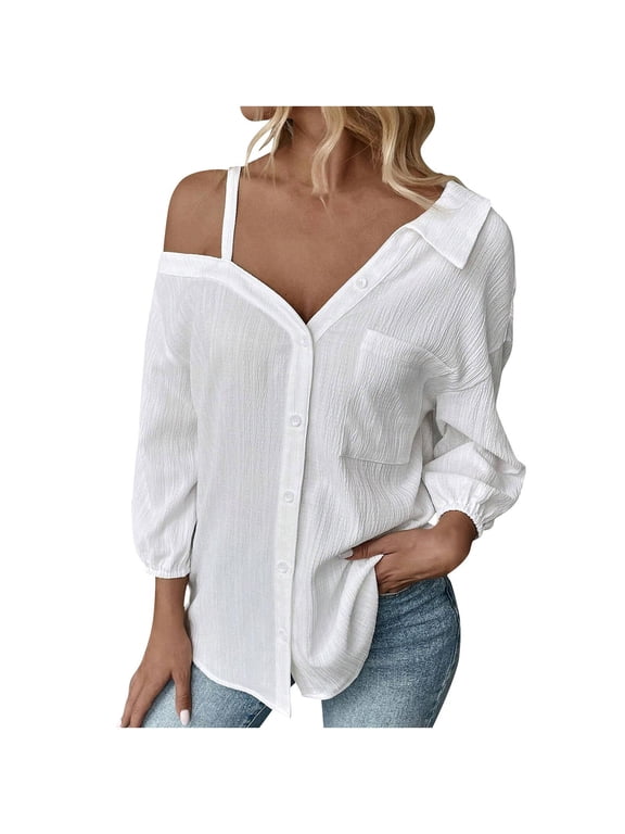 Spring Tops for Women 1 Shoulder Deep V Neck Button 3/4 Sleeve Casual Loose Shirts Fashion