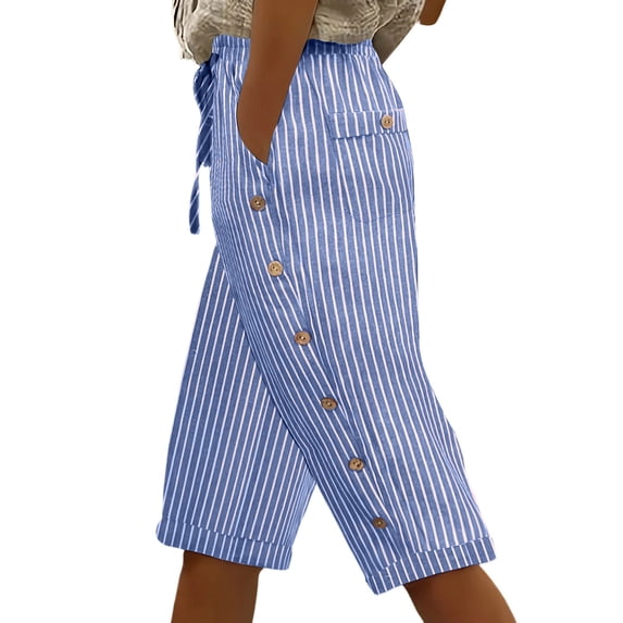Timegard Striped Capri Pants for Women Cotton Linen Summer Drawstring Lightweight Crop Pants Side Button Capris