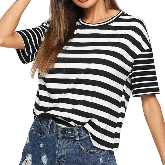 Timegard Striped Tops for Women Crewneck Short Sleeve Loose Comfy Tee Shirts Drop Shoulder Blouse Tops