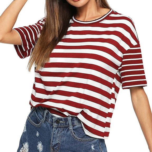 Timegard Striped Tops for Women Crewneck Short Sleeve Loose Comfy Tee Shirts Drop Shoulder Blouse Tops