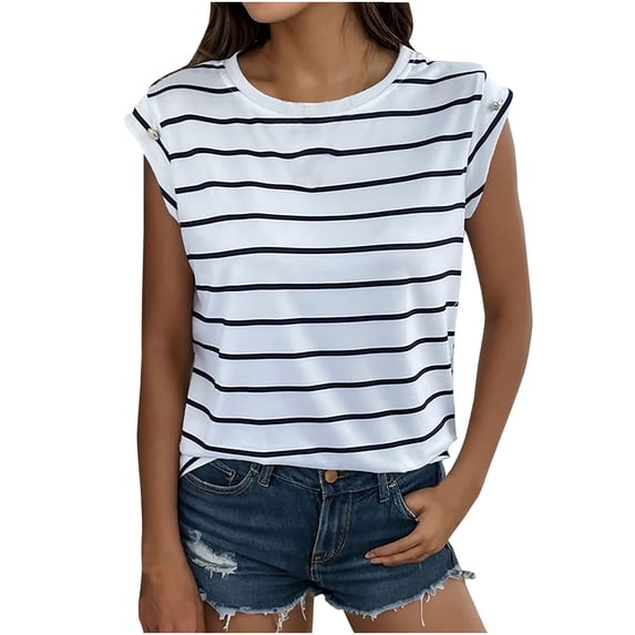 Timegard Striped Tops for Women Summer Fashion Cap Sleeve Loose Comfy Casual Round Neck Tee Shirts