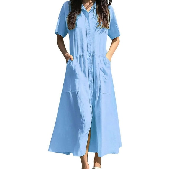 Timegard Summer Dresses for Women Plus Size Button up Short Sleeve Loose Lightweight Casual Long Dress