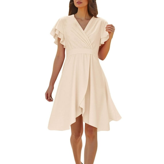Timegard Summer Dresses for Women Ruffle Short Sleeve V Neck Loose Ruched Irregularly Sundress