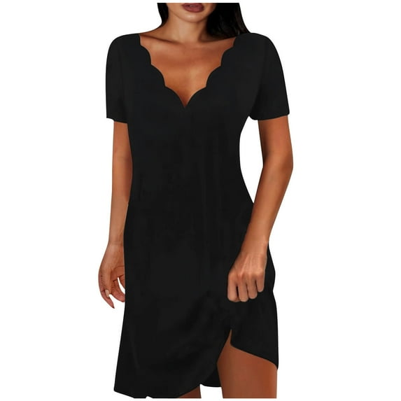 Timegard Summer Dresses for Women V Neck Short Sleeve Solid Color Casual Comfy Mid Dresses Homewear