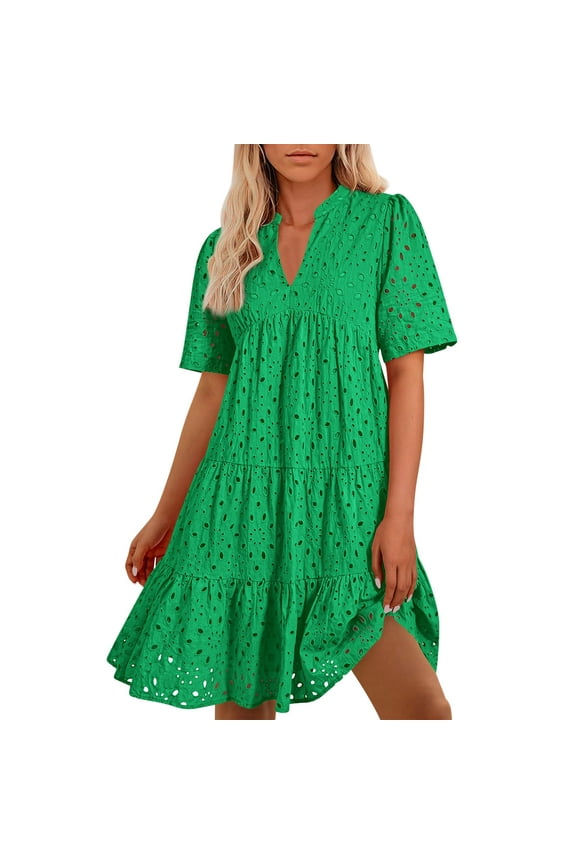 Summer Dresses for Women Eyelet V Neck Sleeveless Fitting Solid Color Casual Travel Mini Dresses