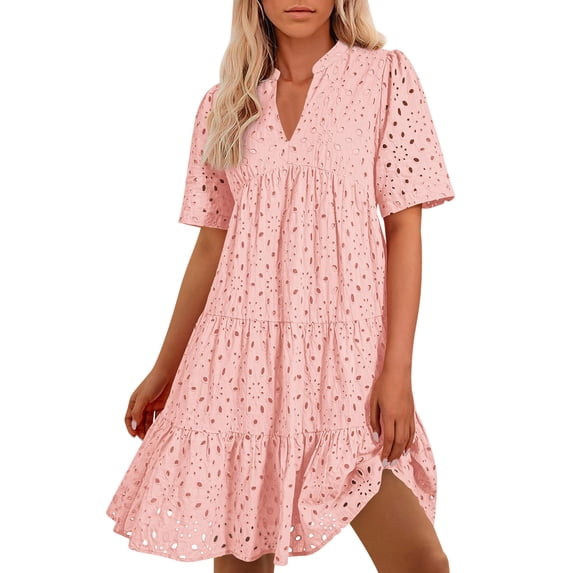 Timegard Summer Dresses for Women Eyelet V Neck Sleeveless Fitting Solid Color Casual Travel Mini Dresses