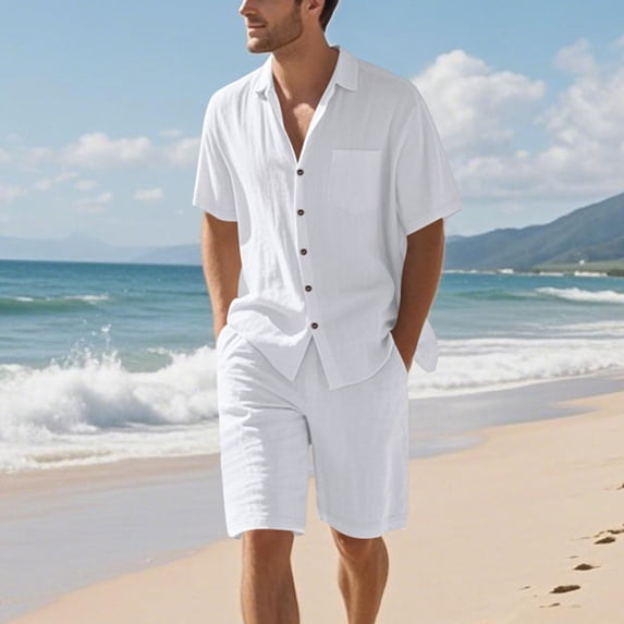 Timegard Summer Outfits for Men Button down Shirts Shorts Loose Lightweight 2 Piece Lounge Sets