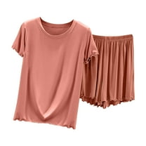 Timegard Summer Outfits for Women 2 Piece Round Neck Short Sleeve Tee Ruffle Shorts Loose Homewear Sets