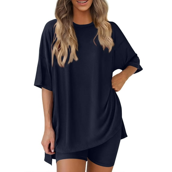 Timegard Summer Outfits for Women 2 Piece Side Split 1/2 Sleeve Oversized Top Shorts Comfy Lounge Sets