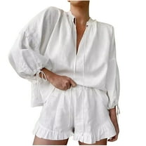 Timegard Summer Outfits for Women 2 Piece V Neck Puff Long Sleeve Blouse Ruffle Shorts Lounge Sets