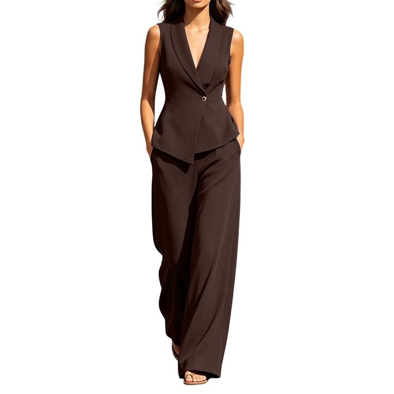 Timegard Summer Sets for Women Suits Dressy Business Casual Outfits Tank Tops Vests Wide Leg Pants Work Clothes(XX-Large,Coffee)