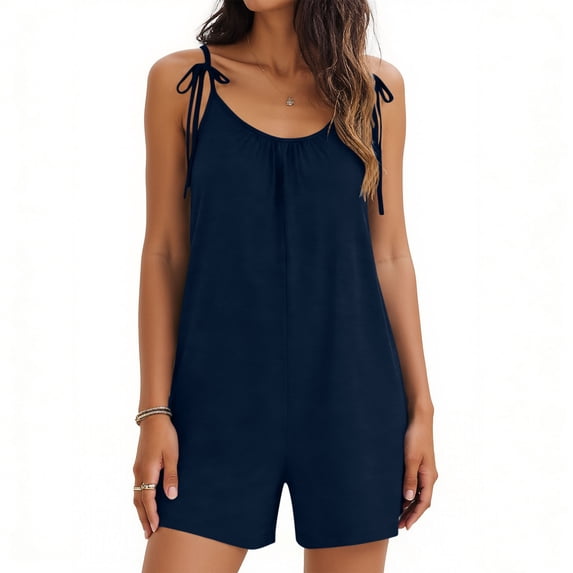 Summer Rompers for Women 1 Piece Belt Spaghetti Strap Ruched Sleeveless Shorts Loose Comfy Jumpsuit Outfits