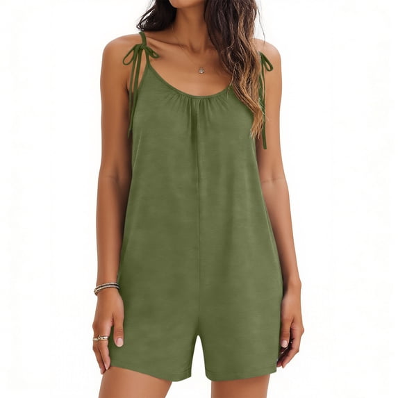 Summer Rompers for Women 1 Piece Belt Spaghetti Strap Ruched Sleeveless Shorts Loose Comfy Jumpsuit Outfits
