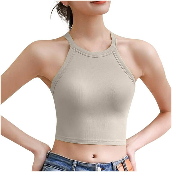 Timegard Summer Top for Women Cropped Slim Sleeveless Top with Built in Bras Solid Color Comfy Camis
