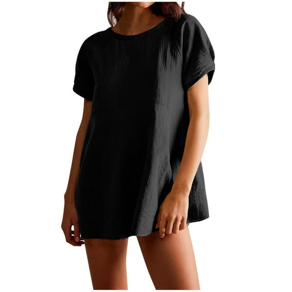 Timegard Summer Top for Women Round Neck Short Sleeve Travel Casual Solid Color Mid Long Top with Pockets