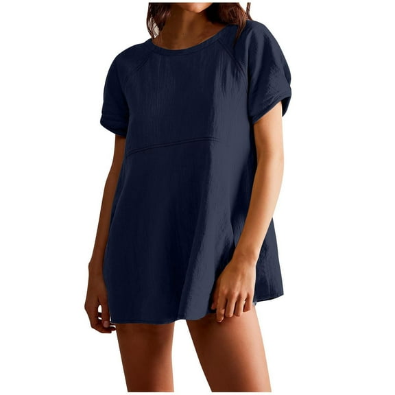 Timegard Summer Top for Women Round Neck Short Sleeve Travel Casual Solid Color Mid Long Top with Pockets