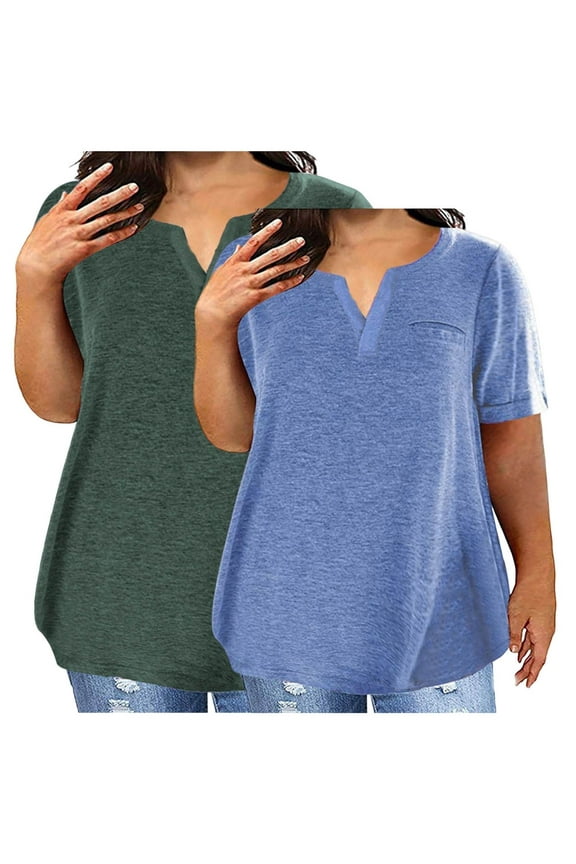 Summer Tops for Women 2pc Plus Size Shorts Sleeve Notched V Neck Comfy Tunic Top Dressy Casual