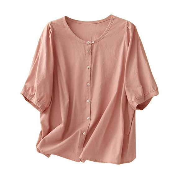 Timegard Summer Tops for Women 3/4 Sleeve Round Neck Button up Loose Lightweight Casual Blouse Tops