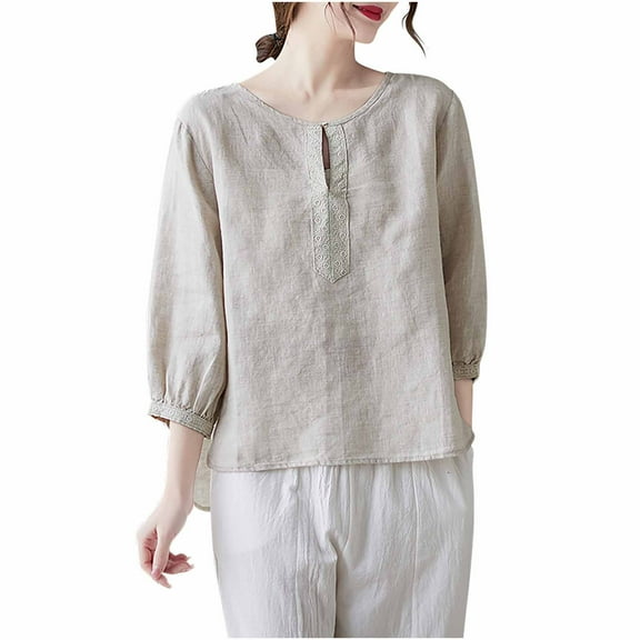 Timegard Summer Tops for Women Cotton Linen Scoop Neck Button 3/4 Sleeve Casual Lightweight Blouse