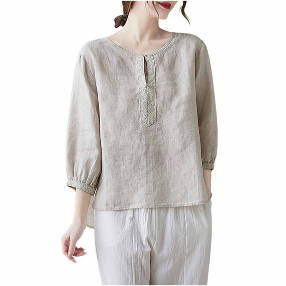 Timegard Summer Tops for Women Cotton Linen Scoop Neck Button 3/4 Sleeve Casual Lightweight Blouse